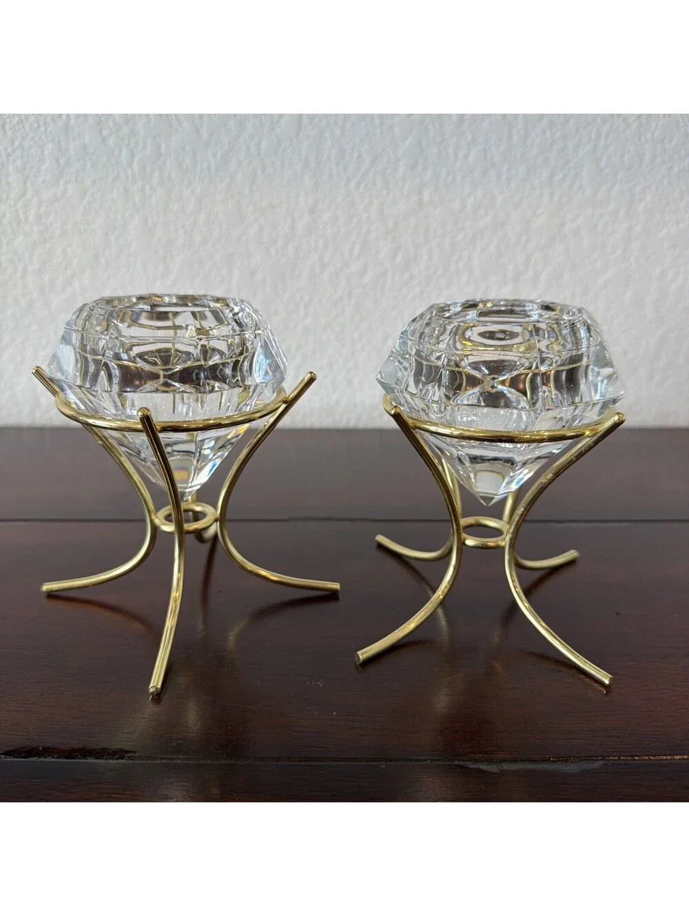 Partylite Diamond Shaped Votive Candle Holder, Gold Metal Stand- Set of 2